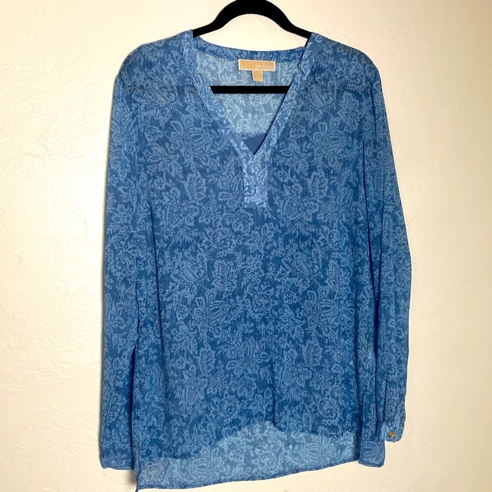 Michael Kors Blue Sheer Print V Neck Long Sleeve Blouse W Cami L